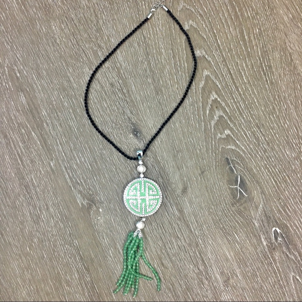 Green enamel and clear crystal necklace